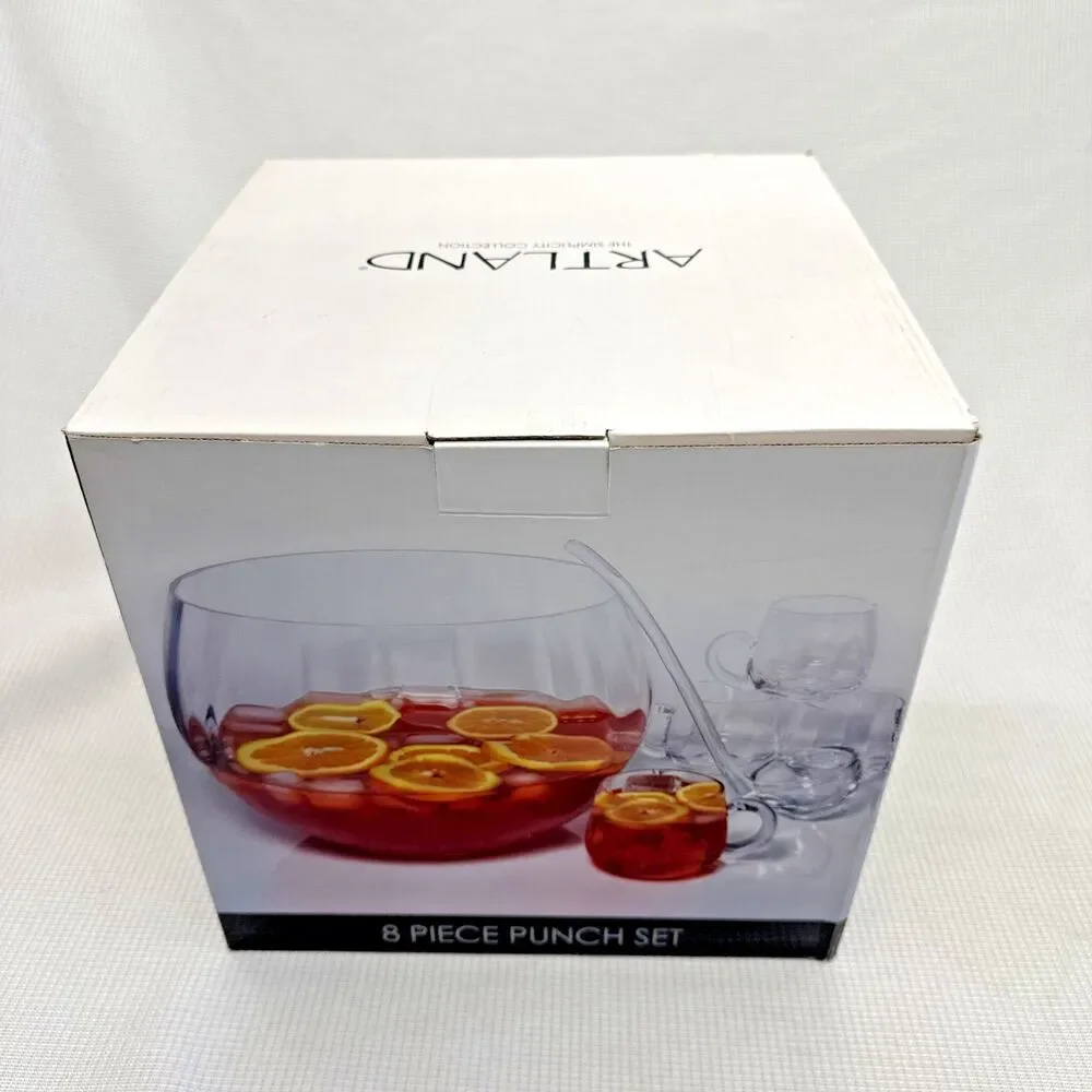 Artland Simplicity Glass Punch Bowl 8 Piece Set - Bowl, Ladle, 6 Cups Orig. Box